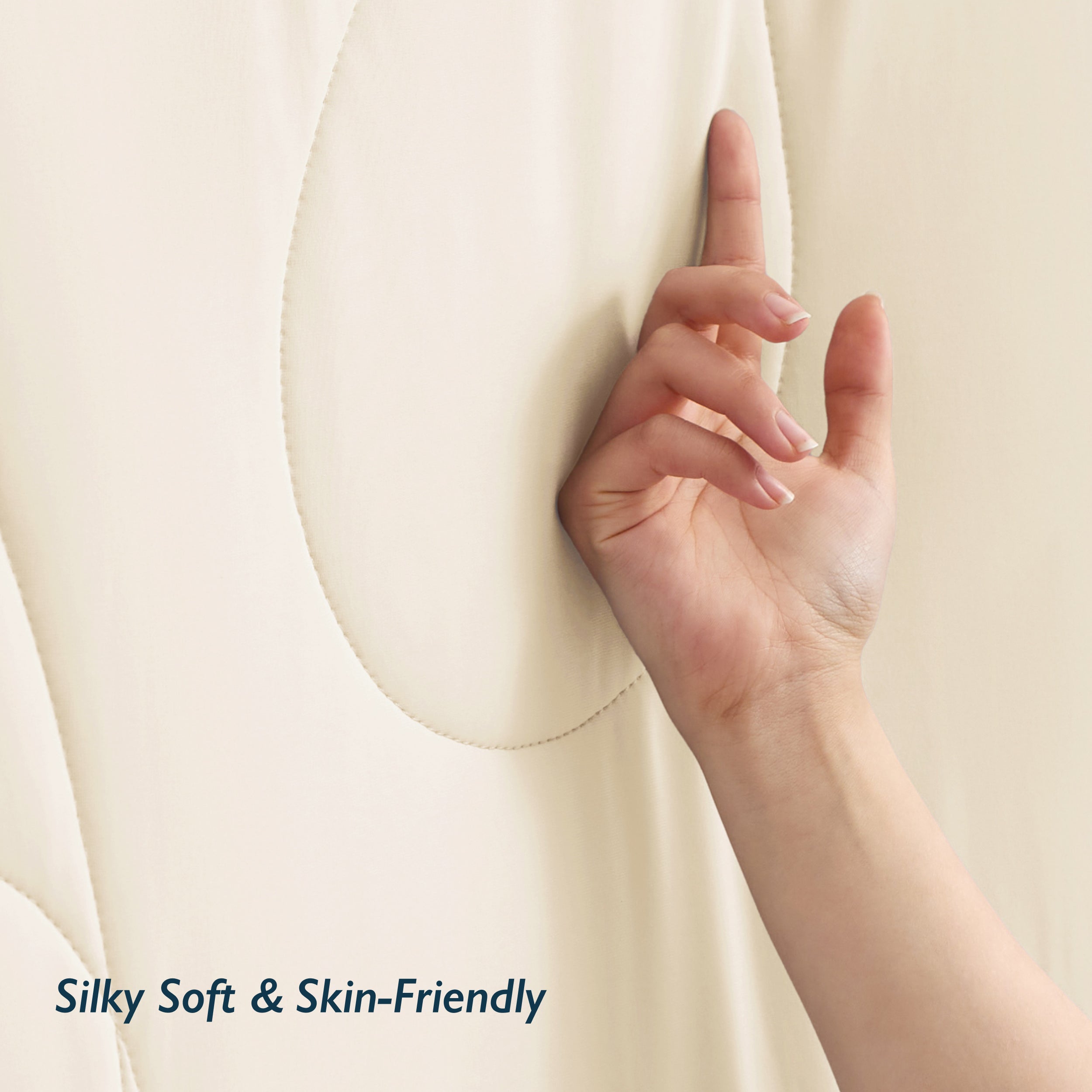 Breescape ivory cooling comforter, featuring 'Silky Soft & Skin-Friendly'.