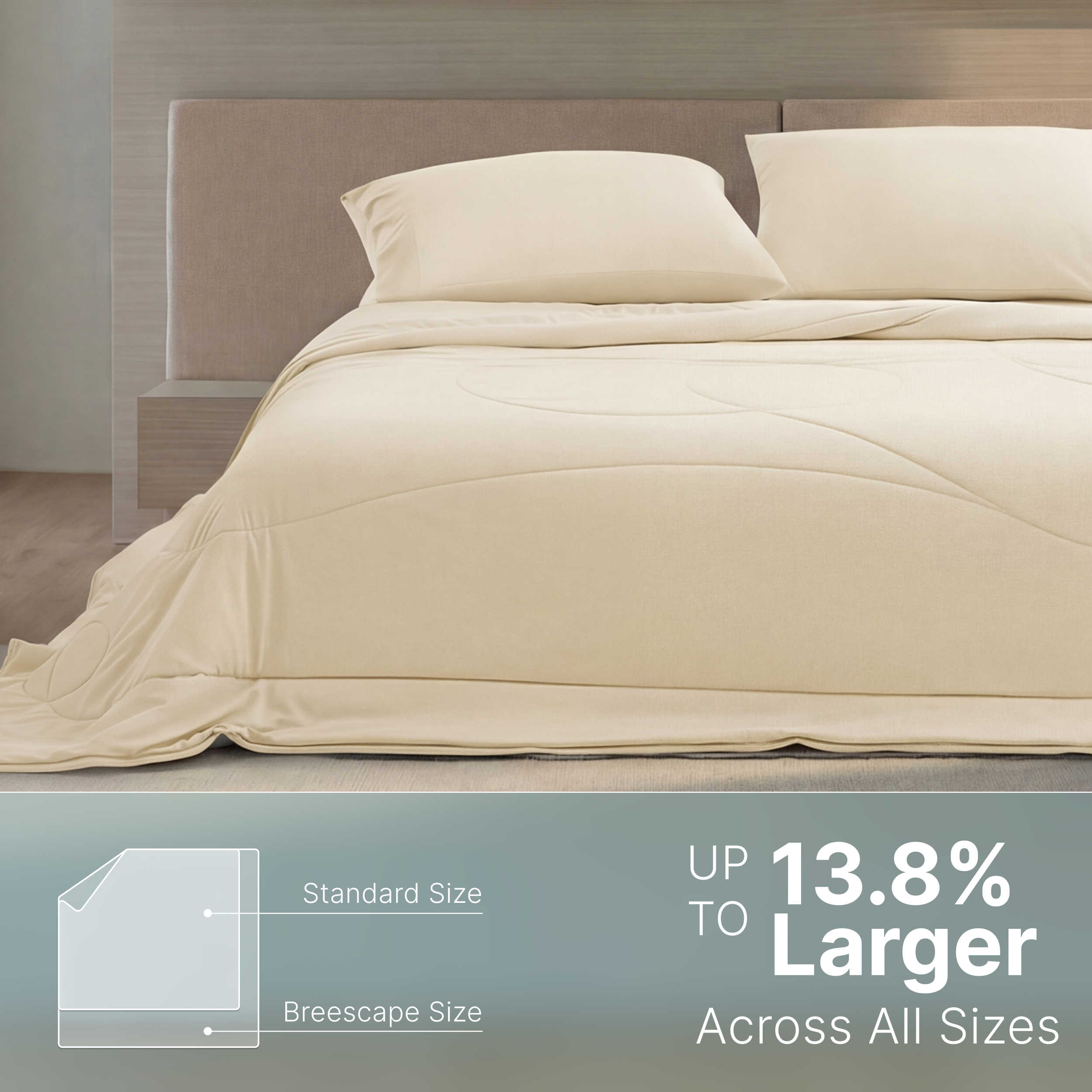 Breescape ivory cooling comforter on bed, 13.8% larger than standard for hot sleepers.