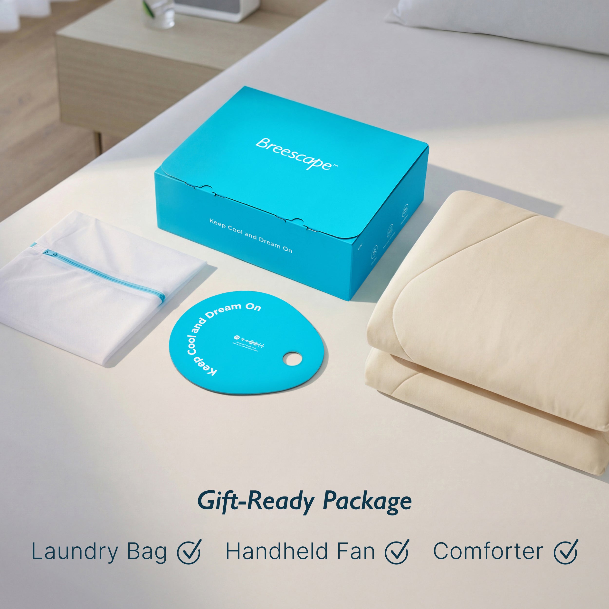 Breescape ivory cooling comforter gift package with laundry bag & fan. For hot sleepers & night sweats.