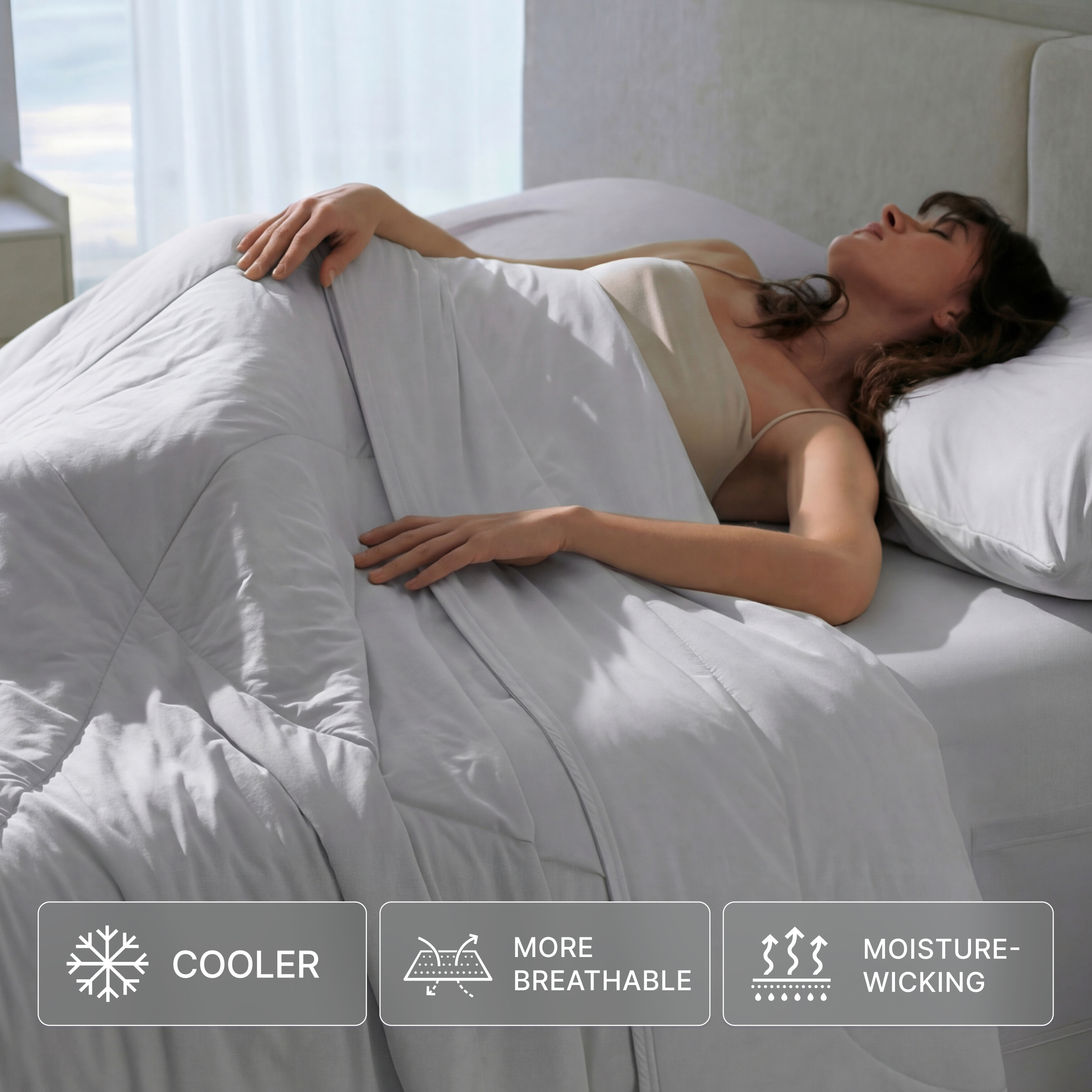 Misty grey Breescape cooling comforter blanket for hot sleepers, highlighting cooler, breathable, moisture-wicking features.