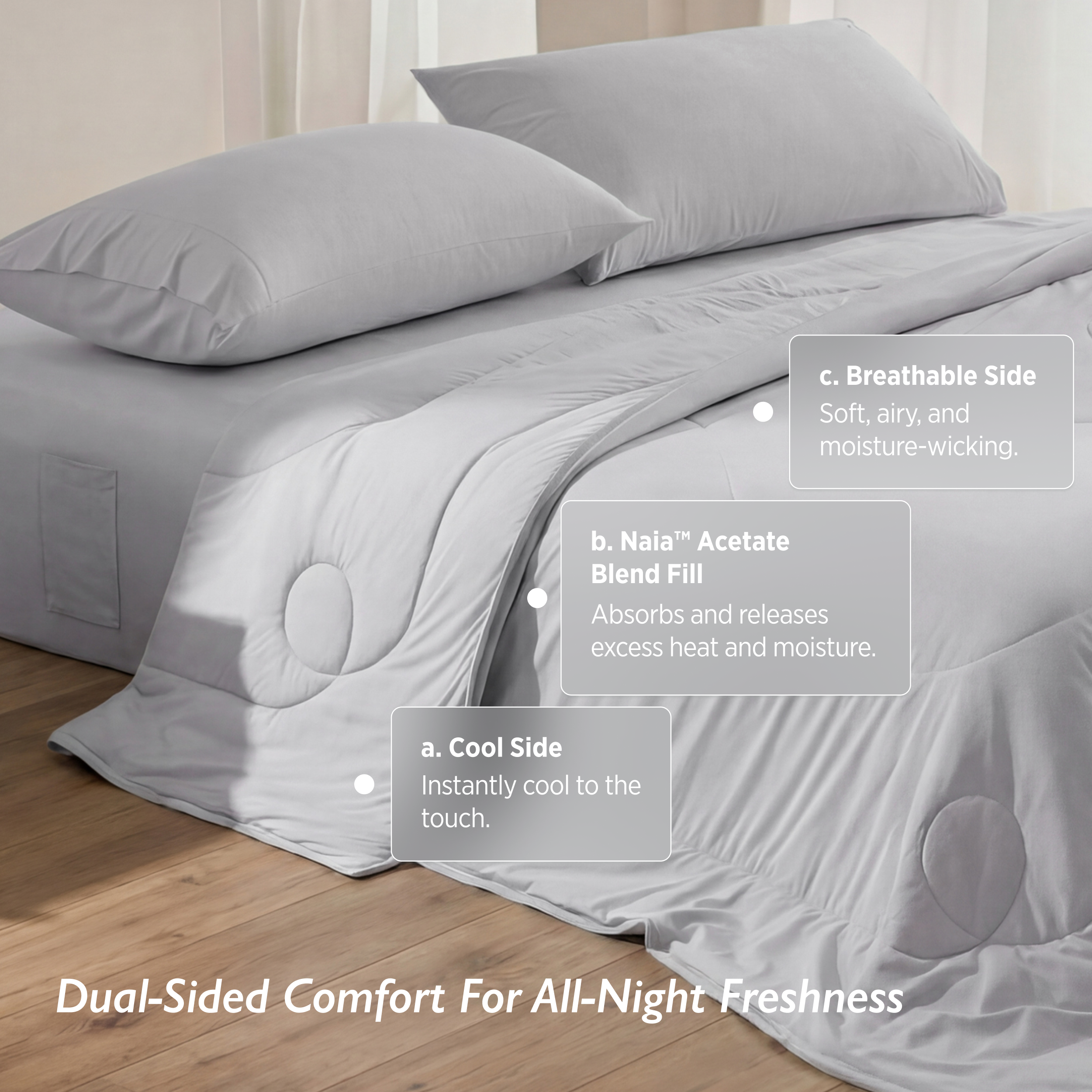 Misty grey Breescape cooling comforter blanket with dual sides: cool touch and breathable fabric for hot sleepers and night sweats.