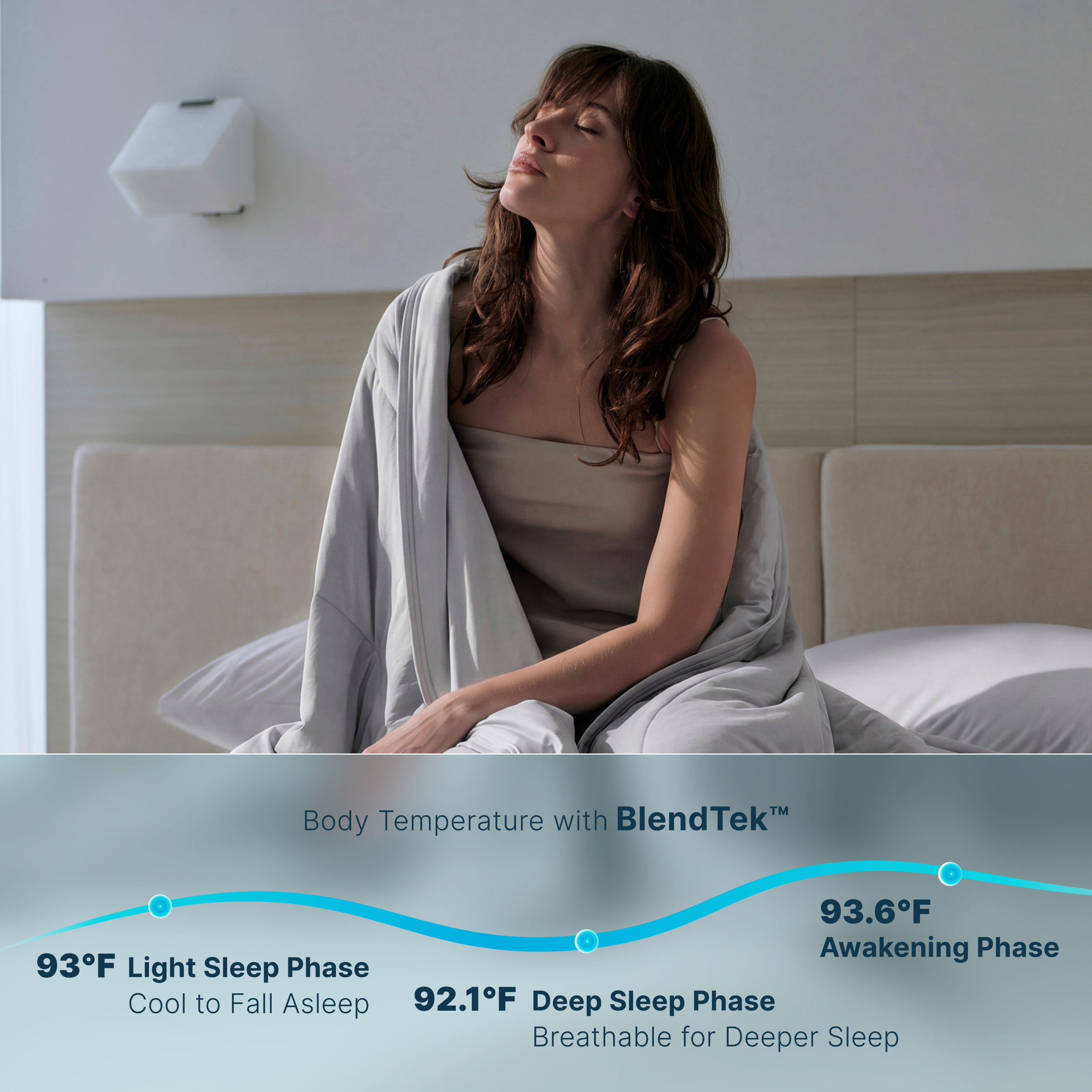 Misty grey Breescape cooling comforter: Woman enjoying cool sleep, BlendTek™ graph shows temperature balance.