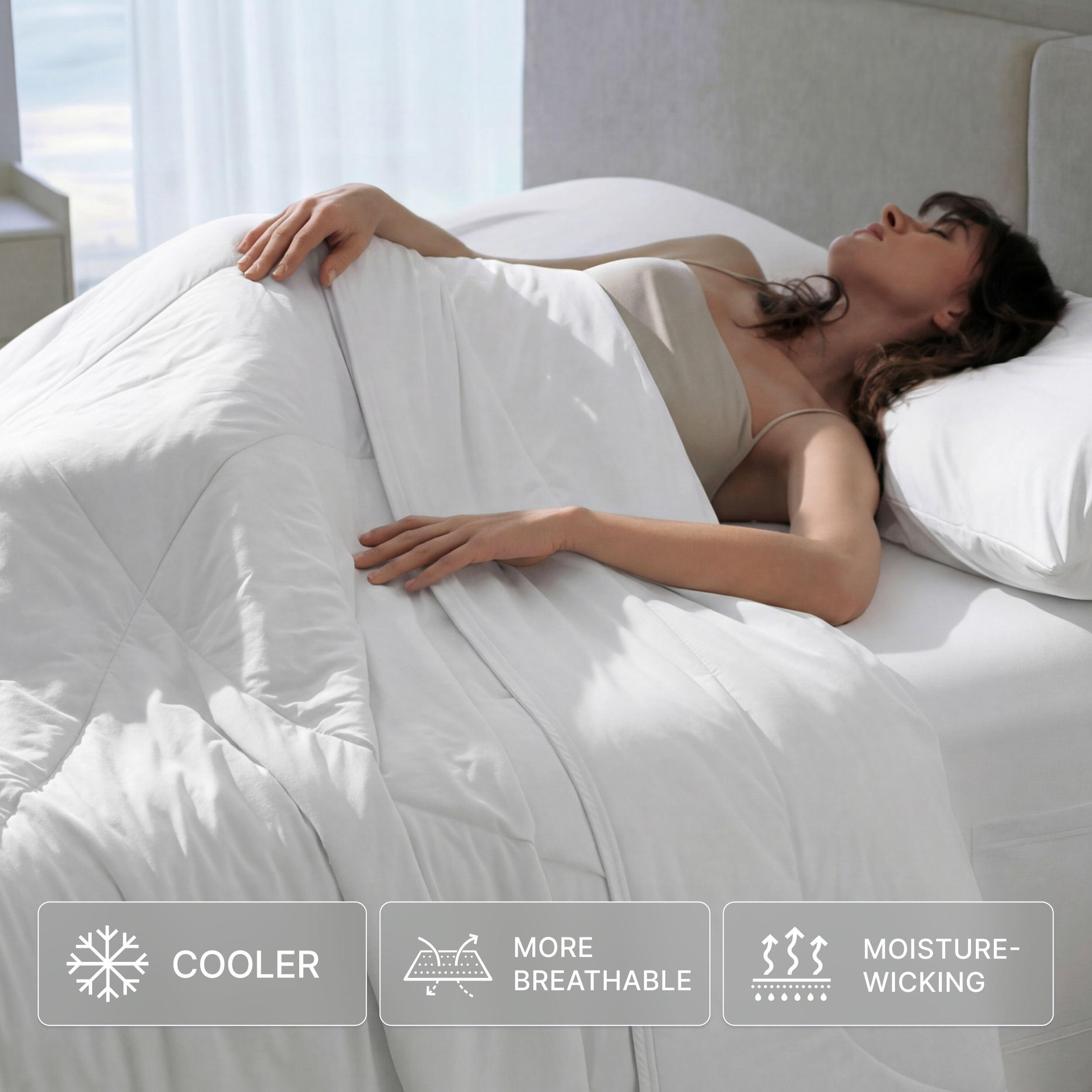 Snow white Breescape cooling comforter featuring cooler, more breathable, moisture-wicking technology.
