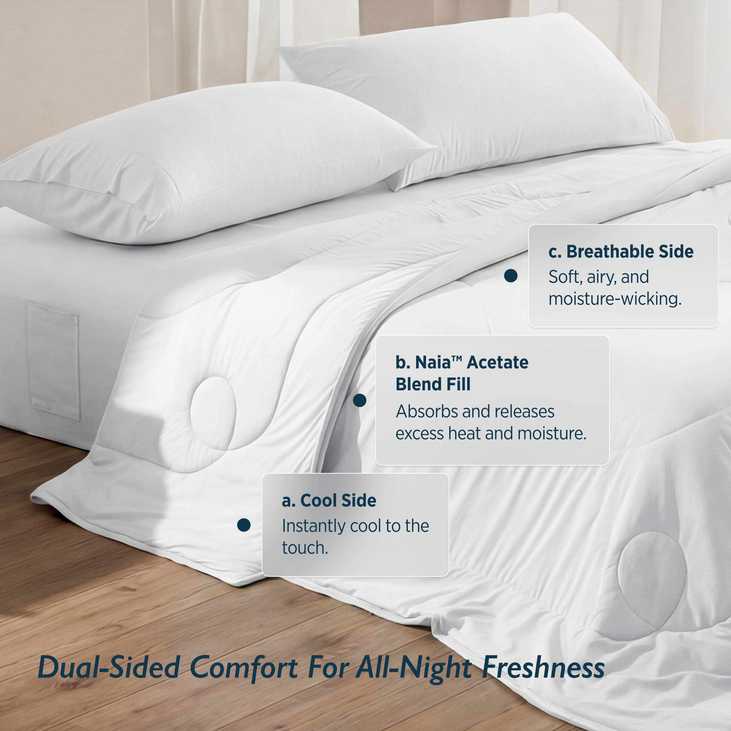 Breescape snow white cooling comforter blanket: dual-sided with cool touch, breathable Naia™ fill for all-night freshness.