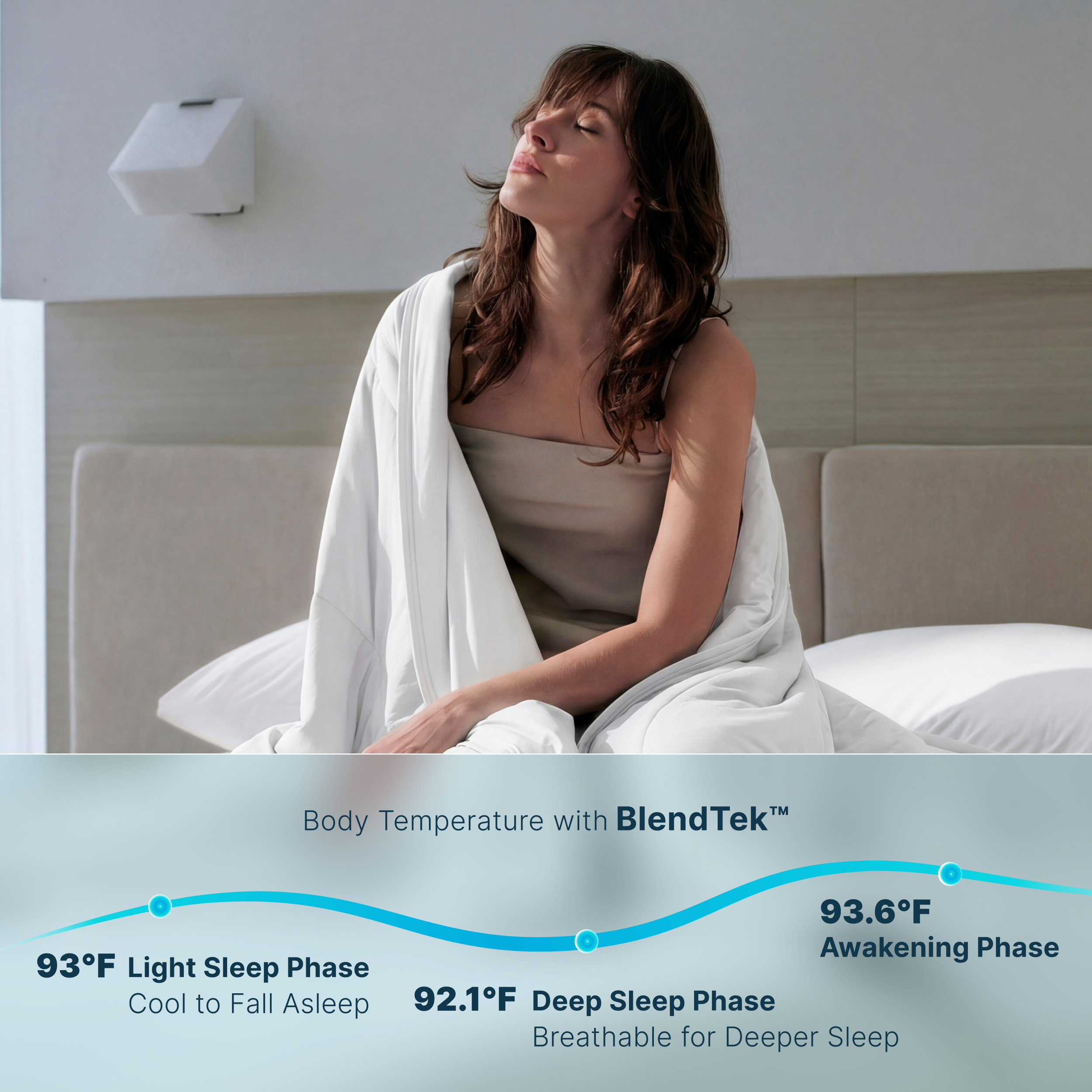 Snow white Breescape cooling comforter on bed, showing BlendTek™ body temperature regulation.