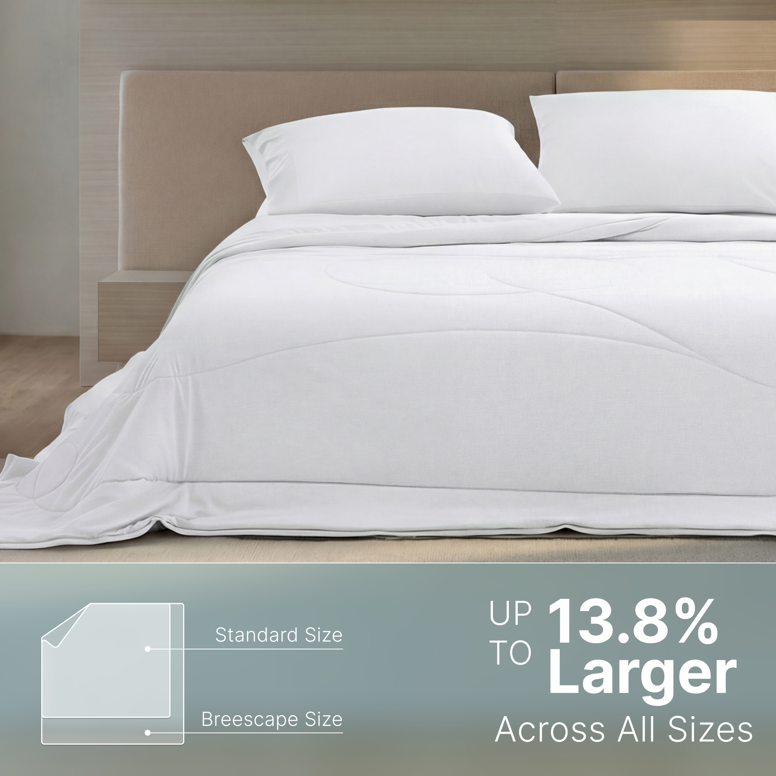 Breescape cooling comforter in snow white, 13.8% larger for superior coverage.