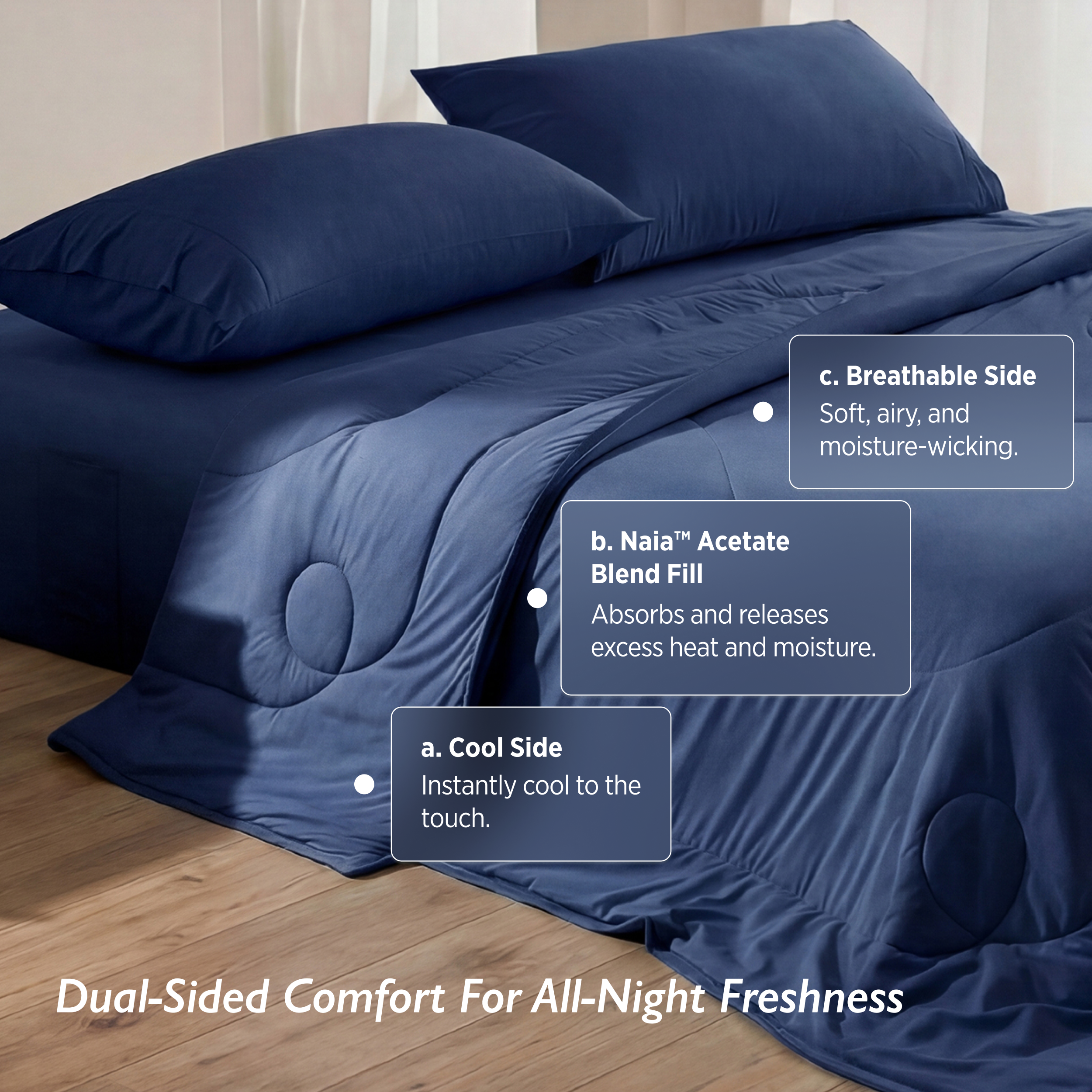 Breescape twilight blue cooling comforter: dual-sided, cool touch, Naia fill, breathable.