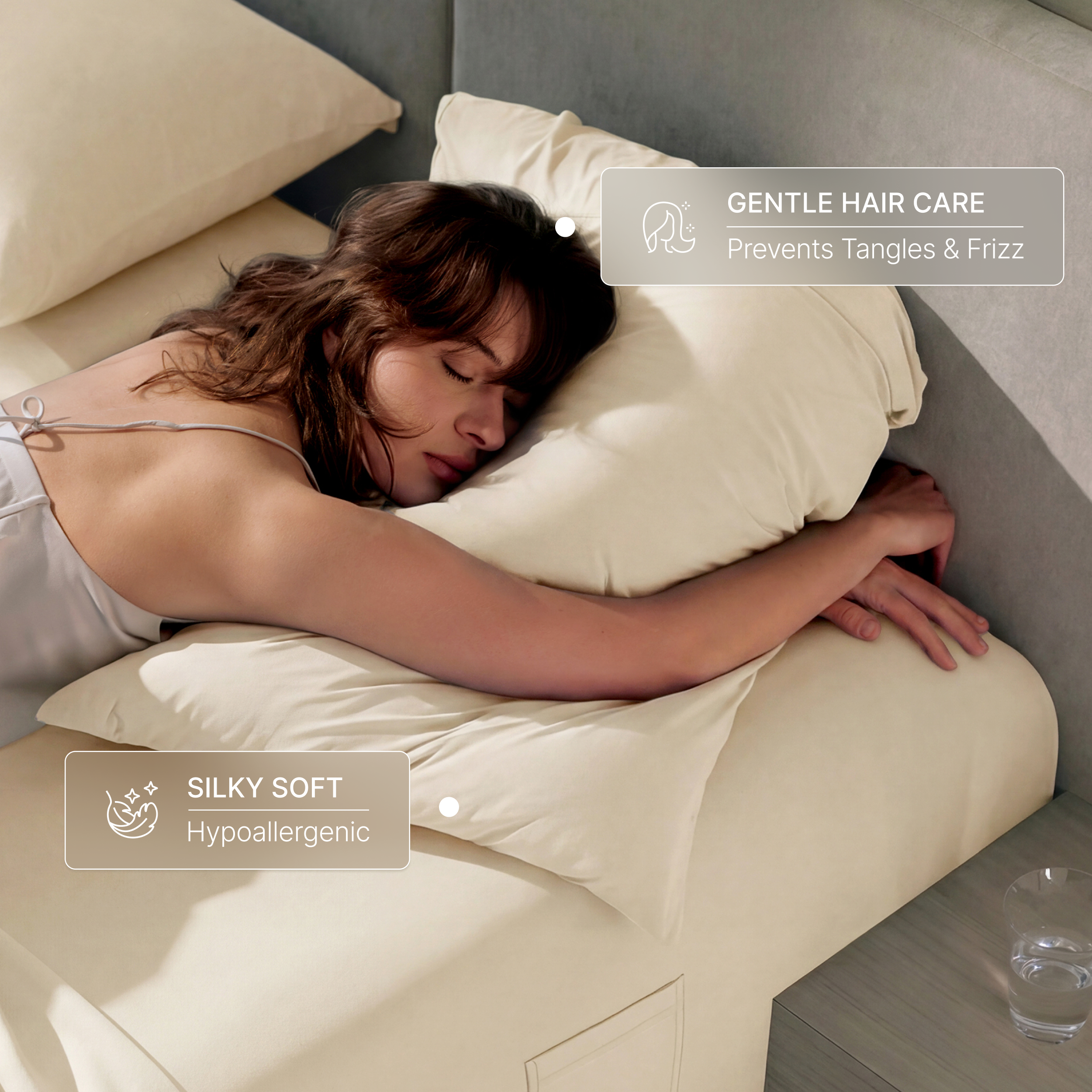Woman sleeping on Breescape ivory cooling pillowcases. Features gentle hair care & silky soft hypoallergenic feel.