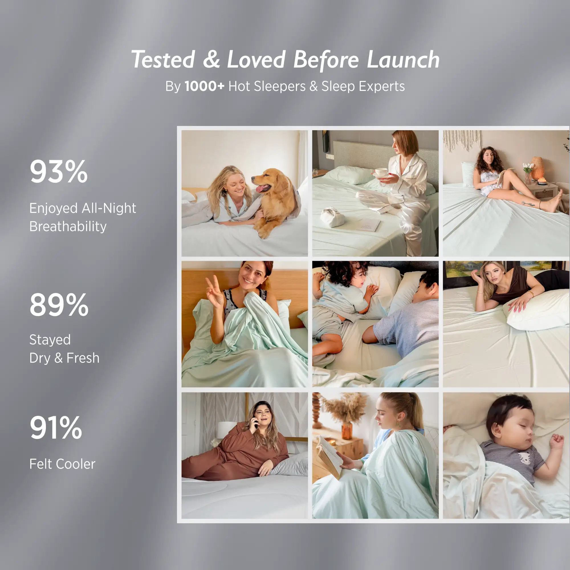 Collage of people using a product with statistics on comfort and features, set against a gray background. #color_misty-grey Ashley Graham Pick Breescape cooling bedding #color_misty-grey