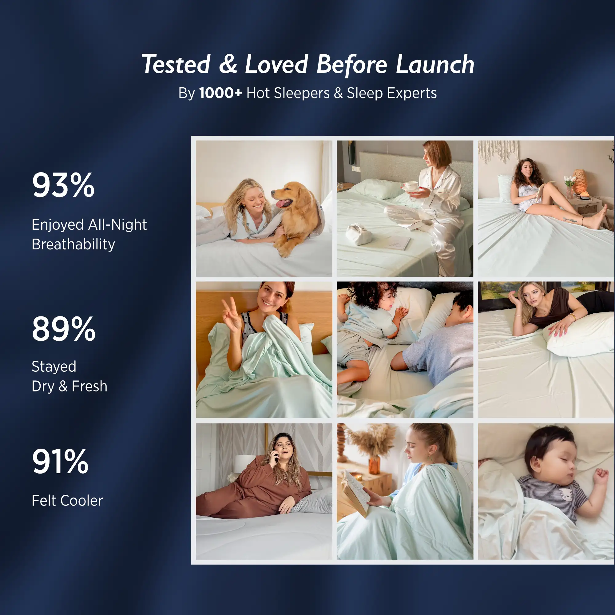 Collage of people using a product with statistics on comfort and features, set against a dark blue background. Ashley Graham Pick Breescape Cooling Pillowcase #color_twilight-blue
