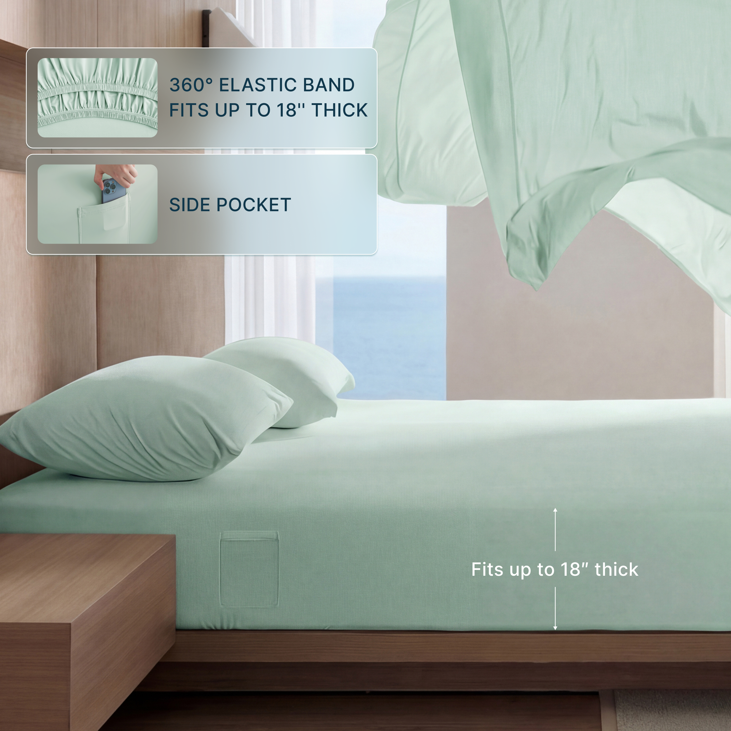 Mint green Breescape cooling sheets with 18" deep fitted band and side pocket for hot sleepers.