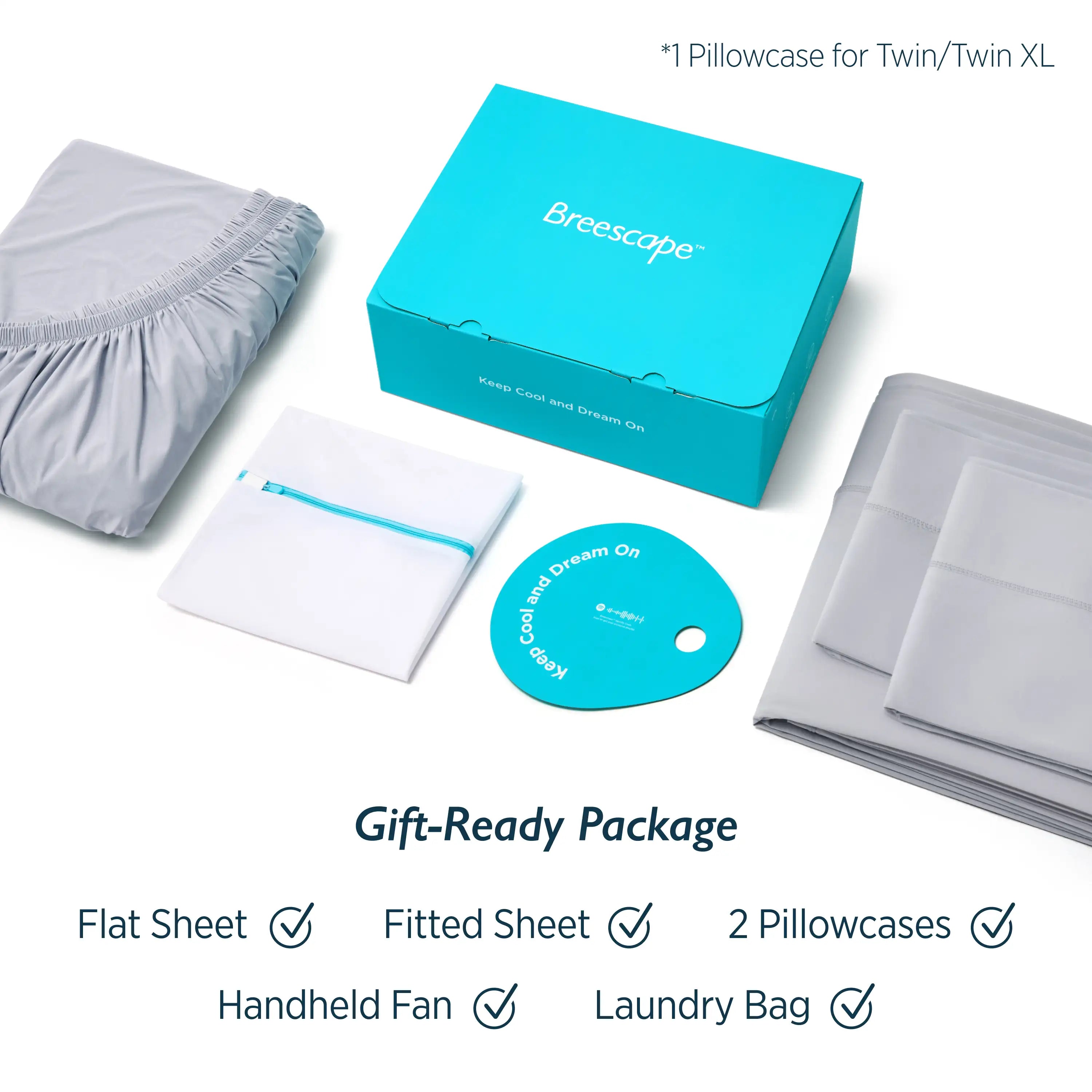 Breescape cooling sheet set gift package: fitted sheet, flat sheet, 2 pillowcases, fan, laundry bag. Teal box.