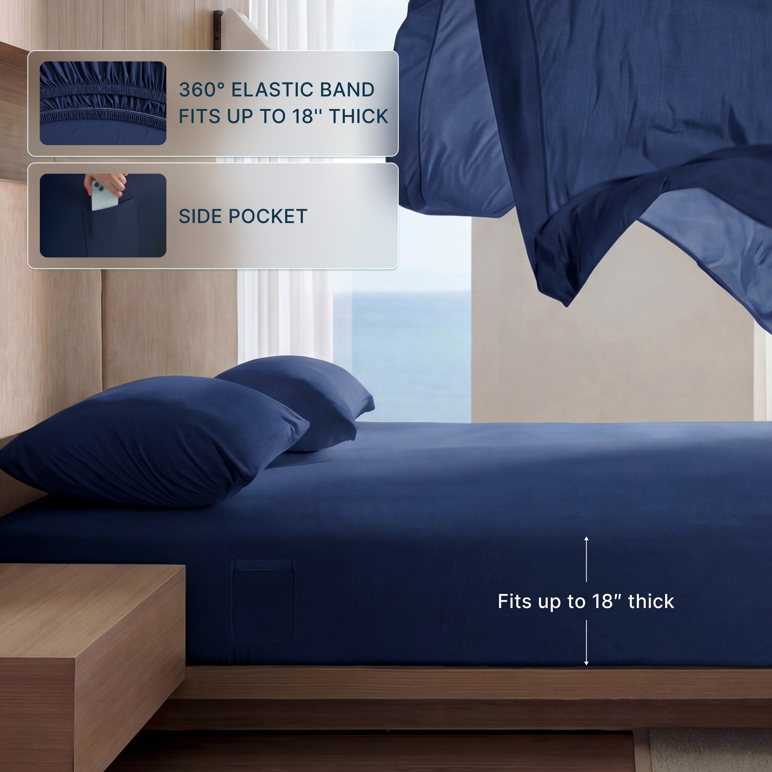 Breescape twilight blue cooling sheets: 18-inch deep fit elastic band & side pocket.