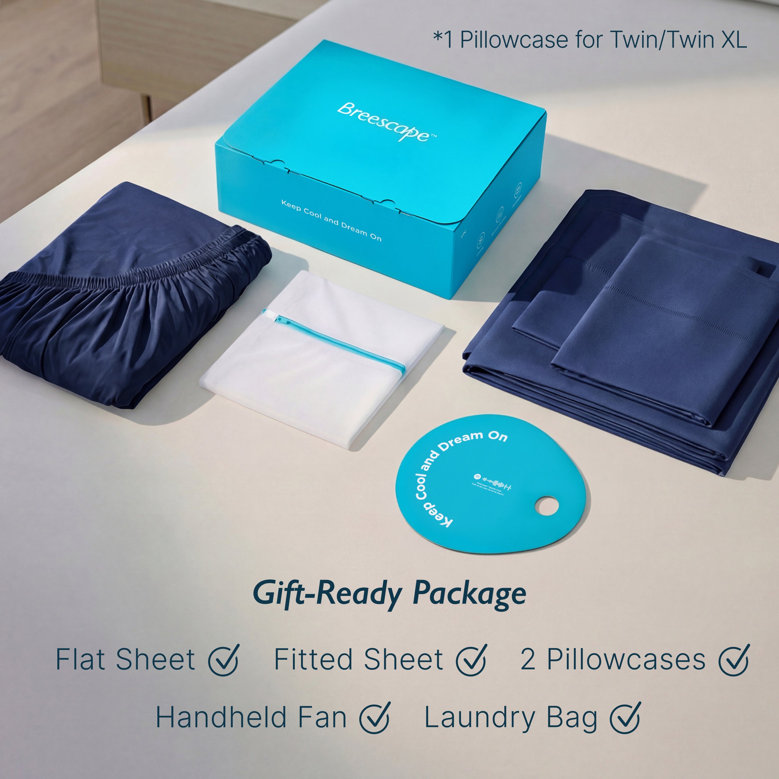 Breescape twilight blue cooling sheets gift package for hot sleepers.