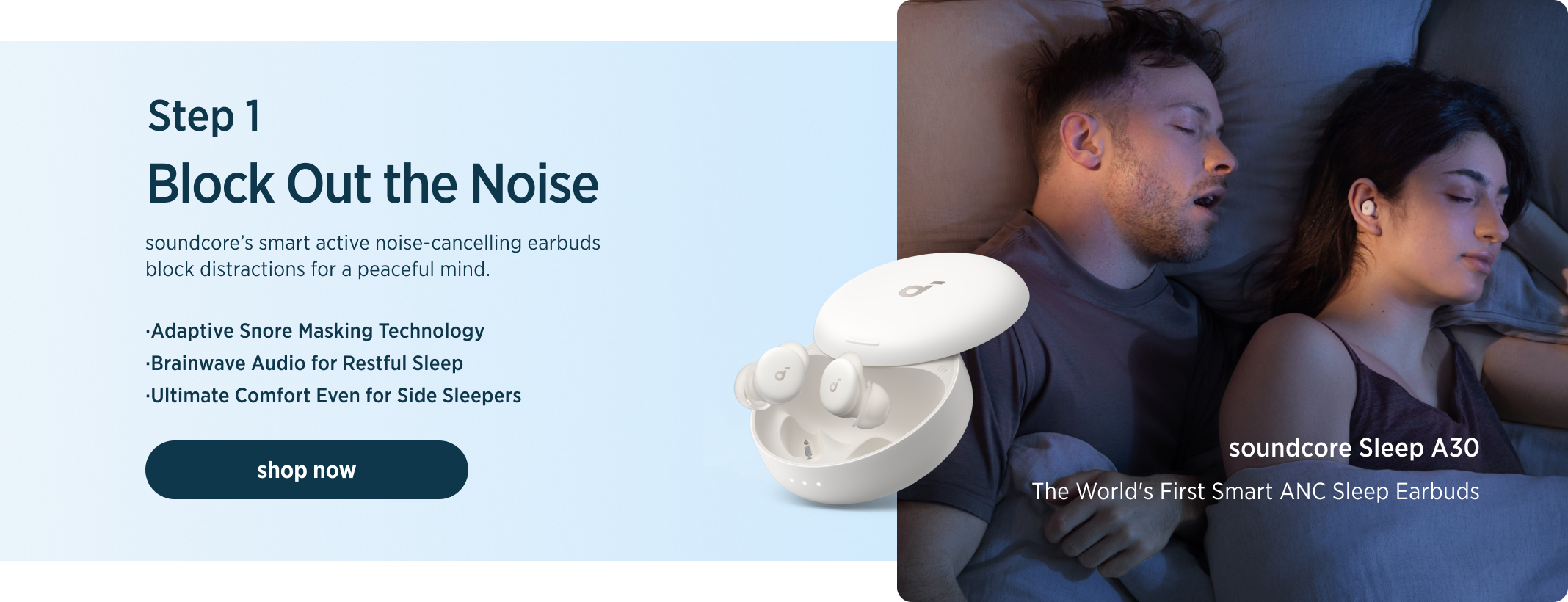 Advertisement for soundcore Sleep A30 smart sleep earbuds with a couple sleeping peacefully.