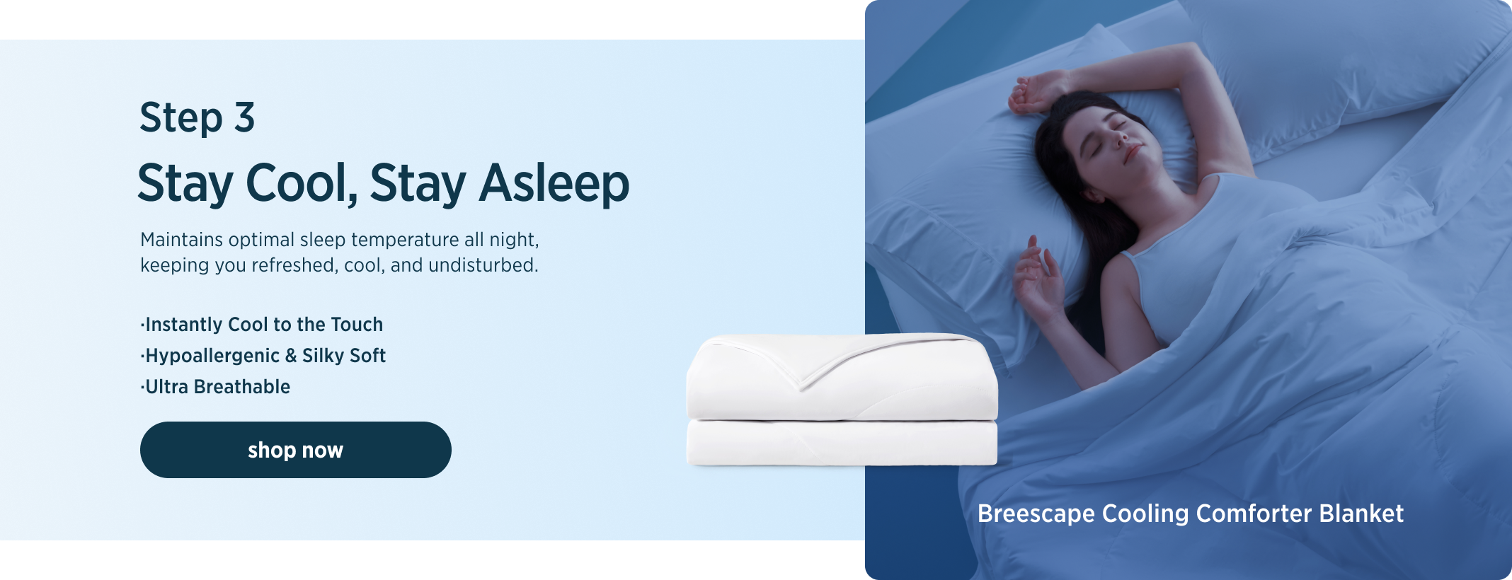 Woman lying in bed with a cooling comforter blanket, text about staying cool and sleeping well.