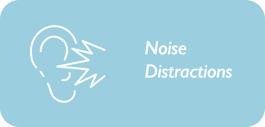 Icon of a head with sound waves and text 'Noise Distractions' on a light blue background