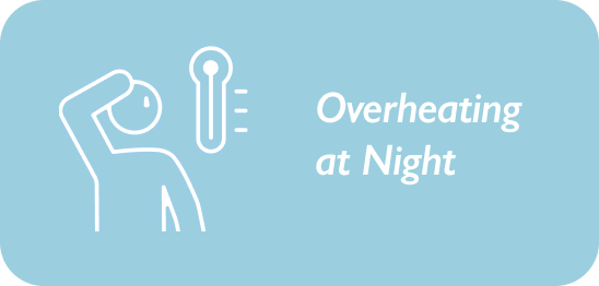 Icon of a person with a thermometer and text 'Overheating at Night' on a blue background