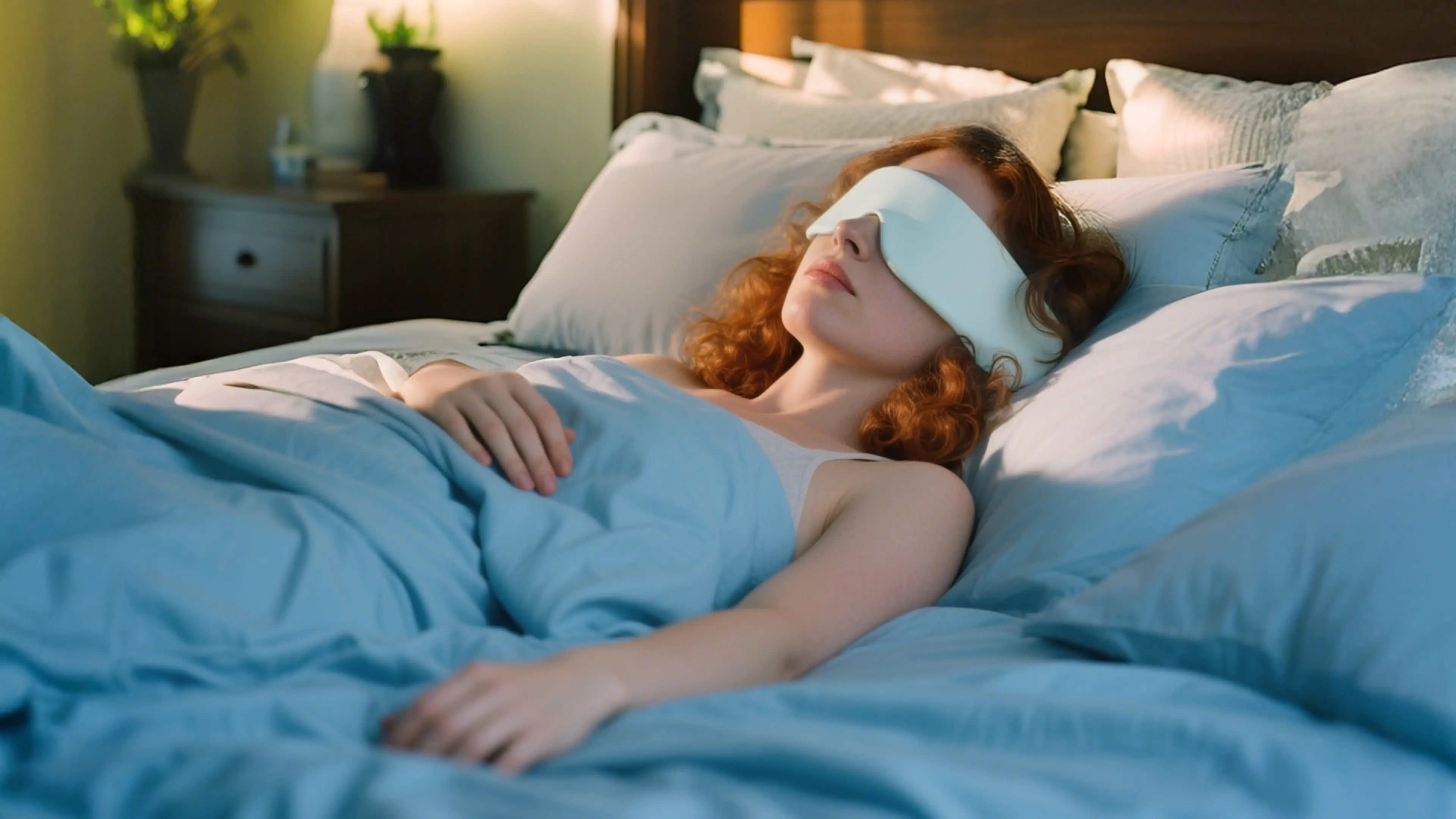 A woman with curly red hair sleeps peacefully in bed while wearing a light-colored sleep mask, covered by a blue comforter