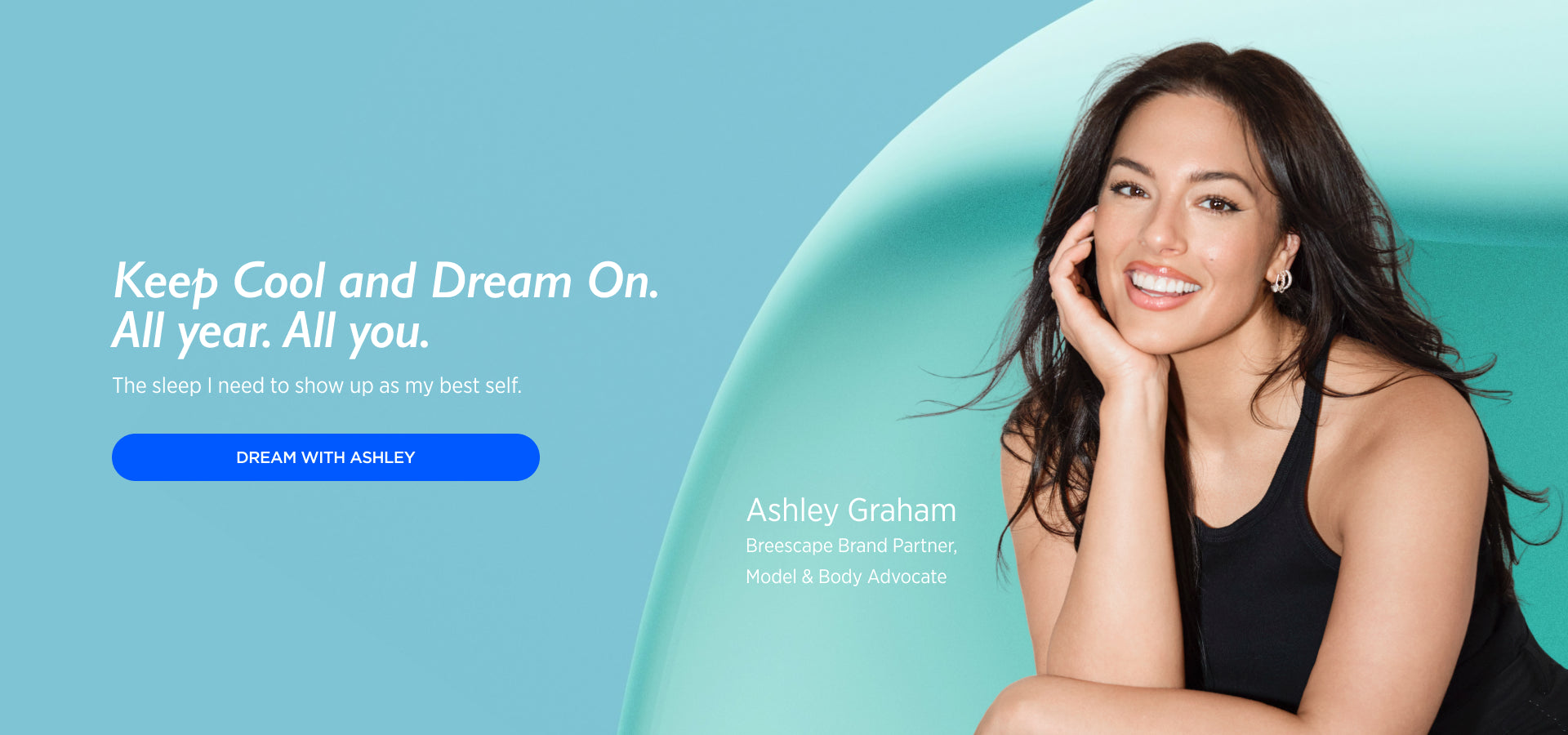 Woman in a black tank top with promotional text and branding elements on a blue and green background