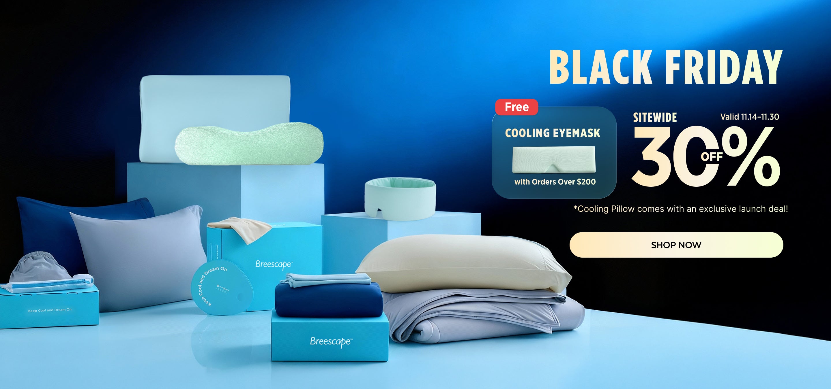 Sleep products including pillows and face masks on a blue background with Black Friday promotion text.
