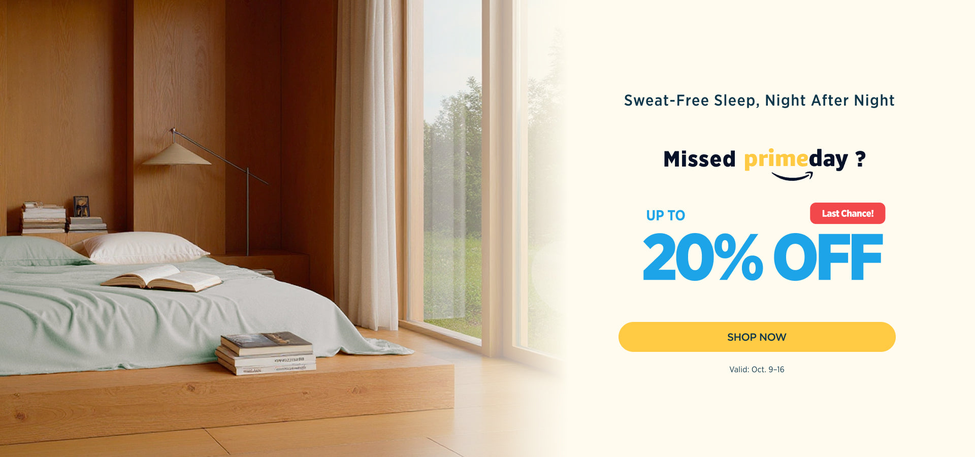 Promotional banner for Amazon Prime Day with a bedroom scene and discount offer.