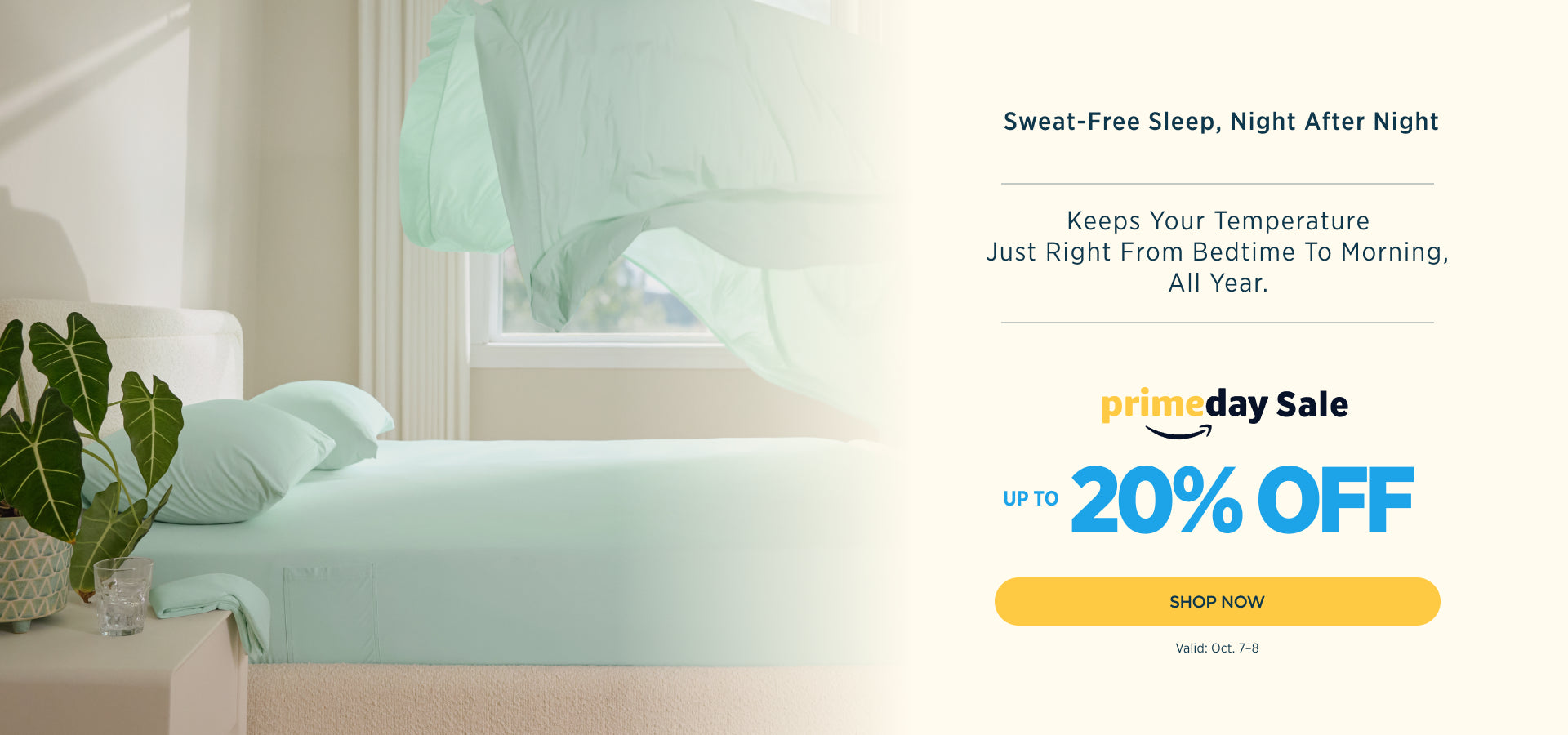 Bedroom with light green bedding, promotional text for Amazon Prime Day sale.