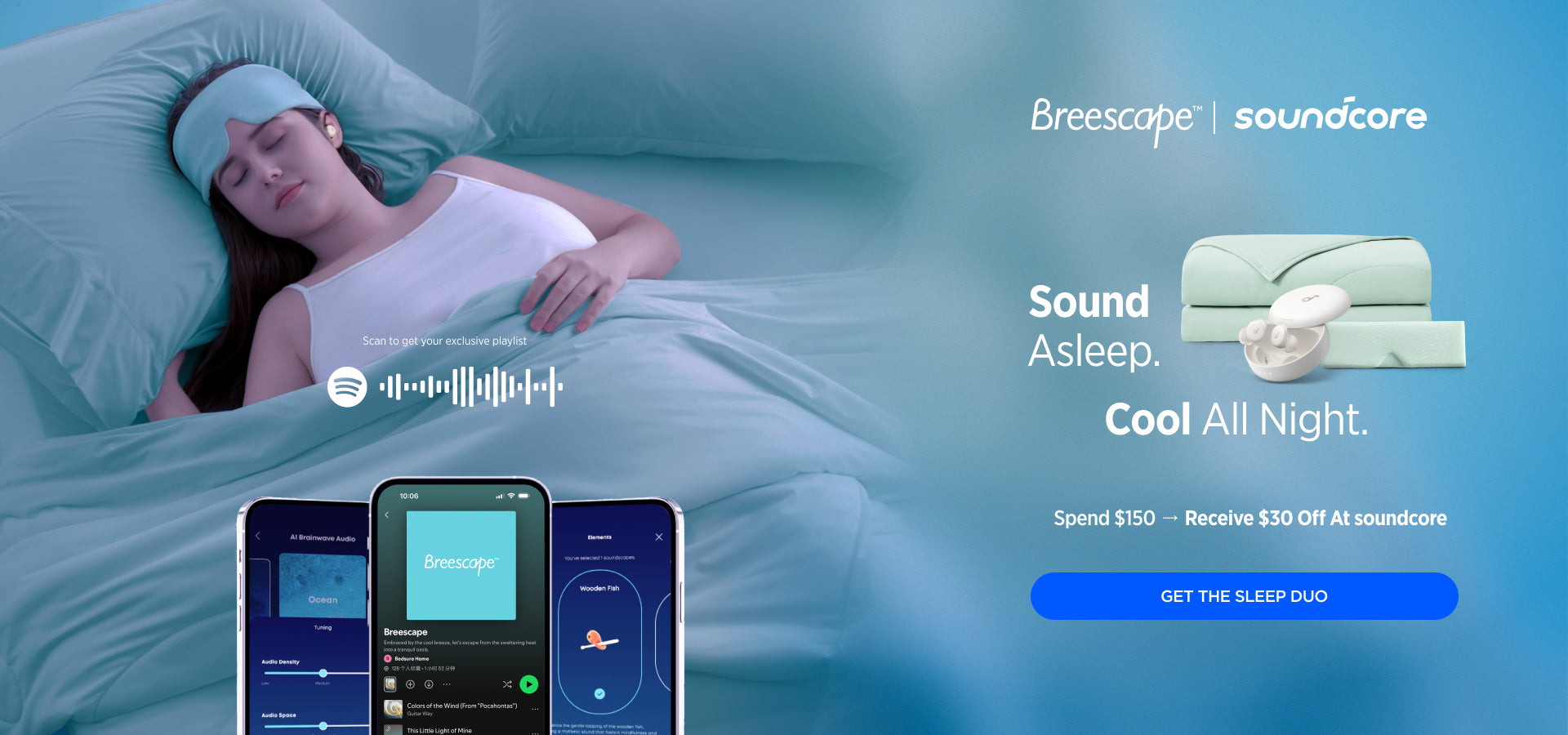 Advertisement for Breescape Soundcore sleep aid product with a woman sleeping and smartphone interface.
