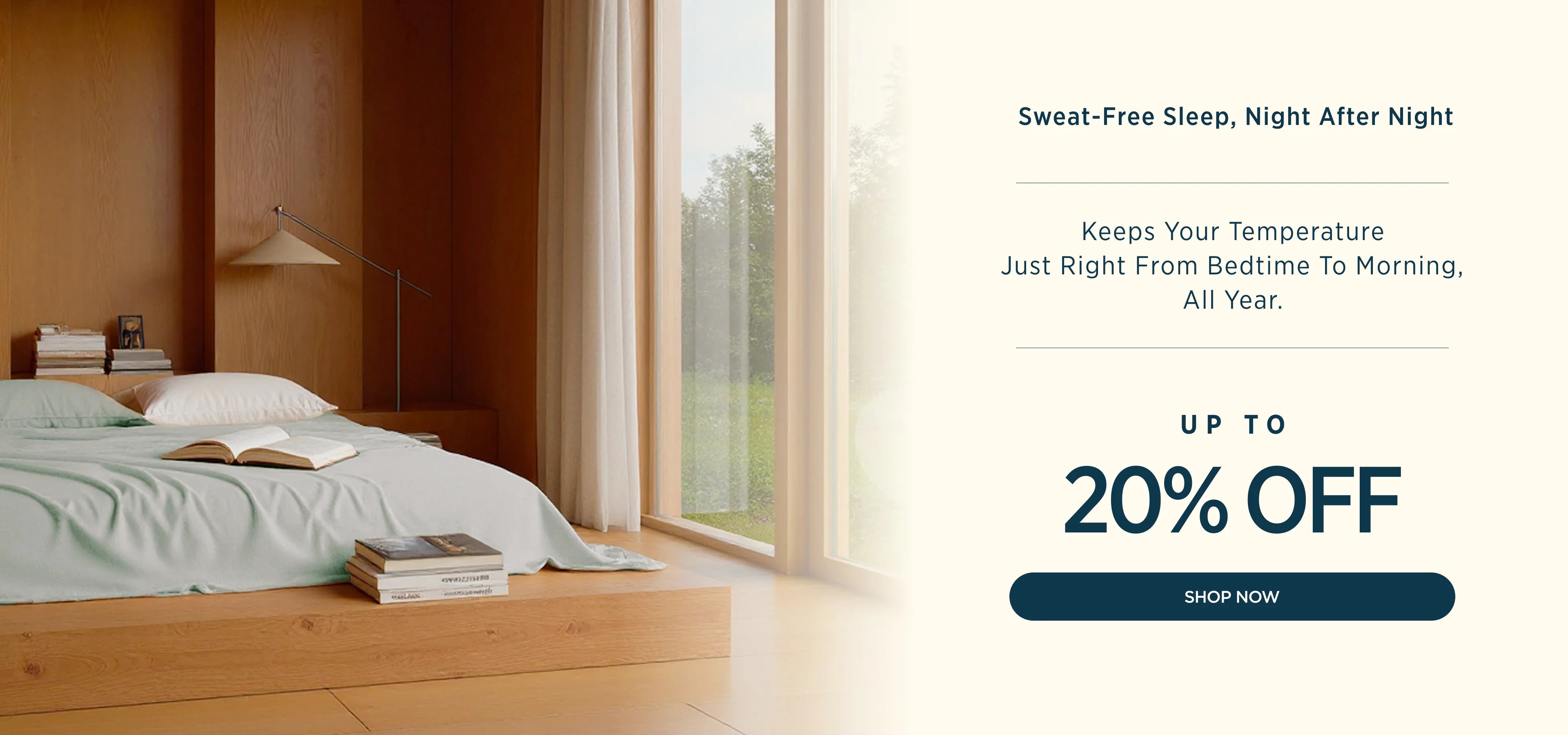Modern bedroom with a window, bed, and promotional text for a cooling product.