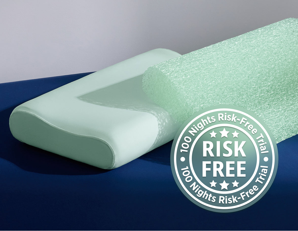 Green pillow on a blue surface with a risk-free trial badge.