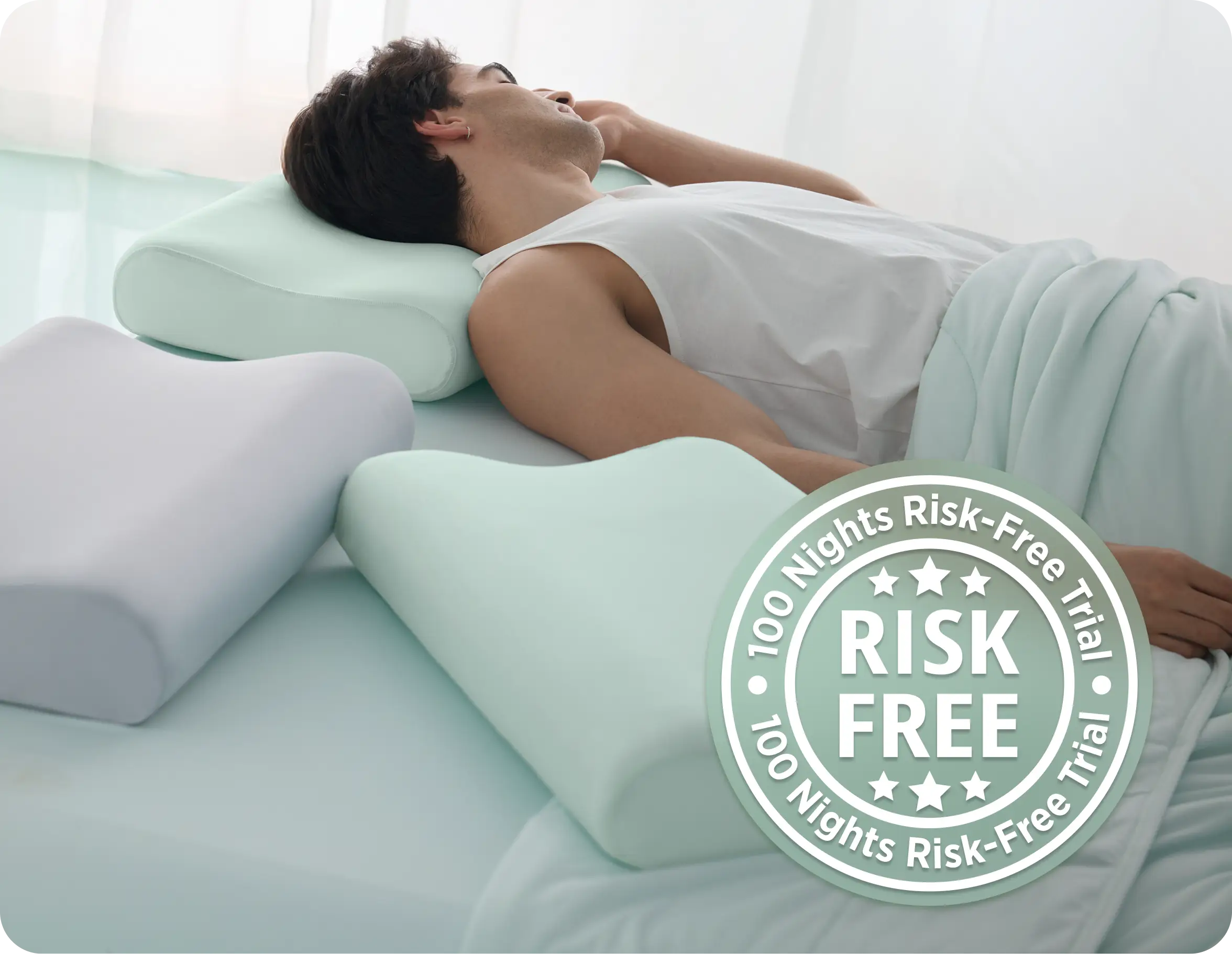 Person lying on a bed with a green pillow, promotional text for a risk-free trial.