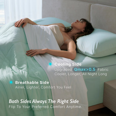 Breescape mint green cooling comforter with dual cooling/breathable sides, Qmax>0.5. Woman sleeping.