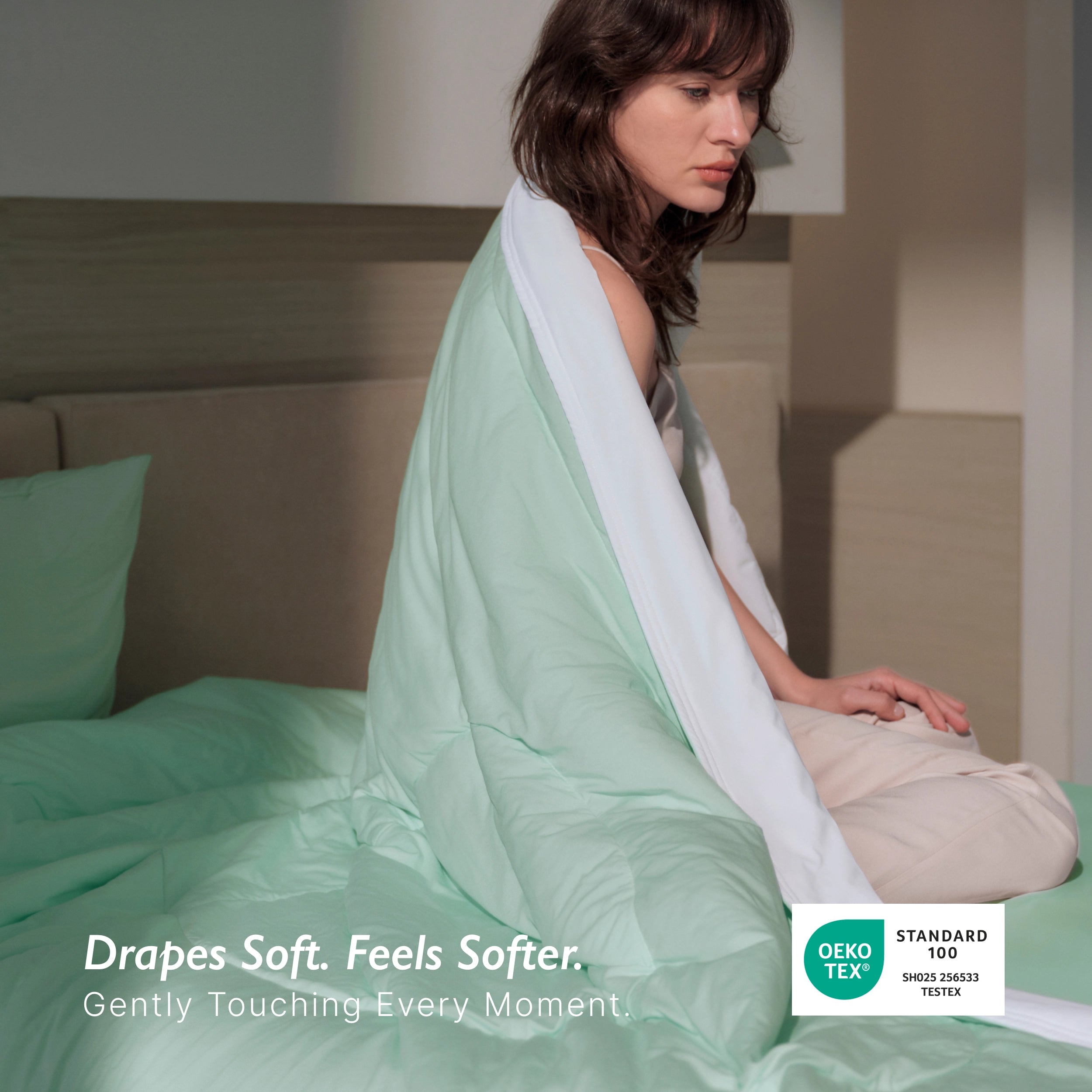 Breescape mint green cooling comforter, soft and breathable, OEKO-TEX certified for hot sleepers.