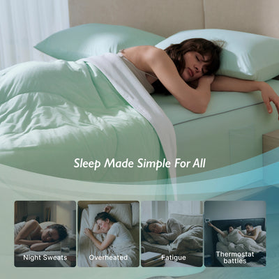 Breescape mint green cooling comforter promotes restful sleep, addressing night sweats & hot sleepers.