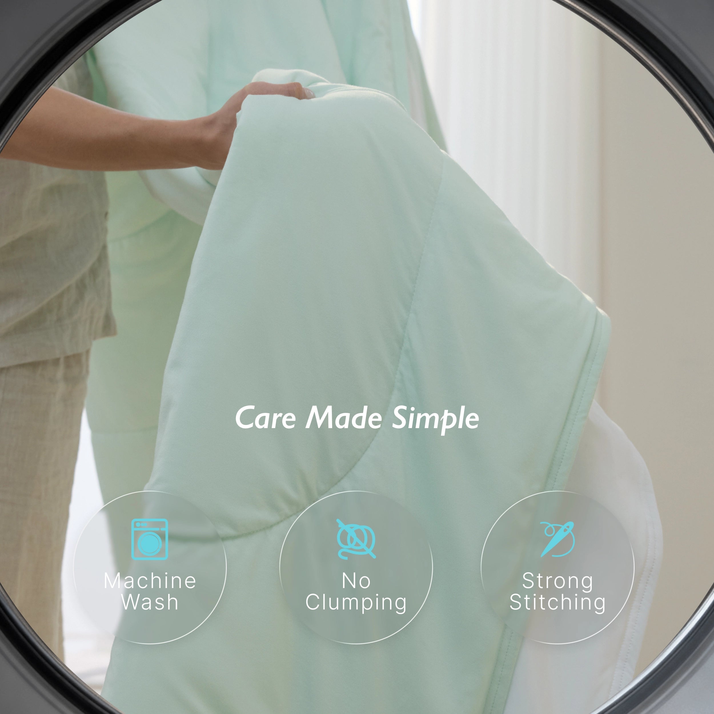 Mint green Breescape breathable cooling comforter: machine wash, no clumping, Care Made Simple.