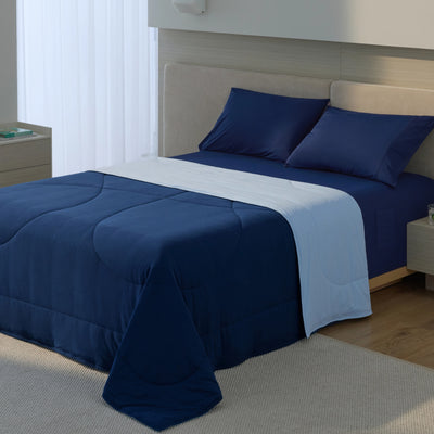 Breescape twilight blue cooling comforter blanket, breathable bedding for hot sleepers.