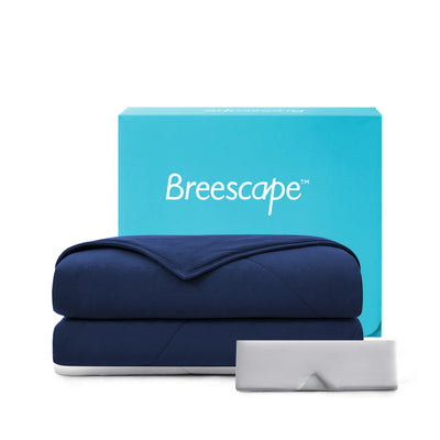 Breescape twilight blue cooling comforter & misty grey eye mask bundle with BlendTek™ technology for hot sleepers.