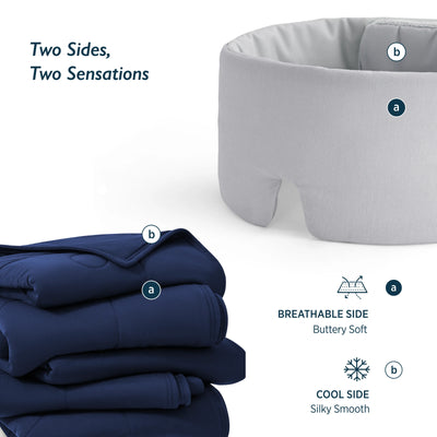 Breescape dual-sided cooling comforter and misty grey eye mask bundle, showing buttery soft breathable & silky cool surfaces.