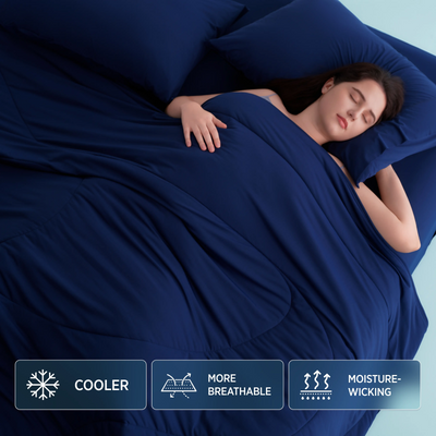 Twilight blue Breescape cooling comforter bundle for hot sleepers; cooler, breathable, moisture-wicking.