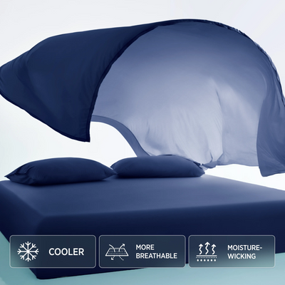 Breescape twilight blue cooling sheets with BlendTek™ technology: cooler, breathable, moisture-wicking for hot sleepers.
