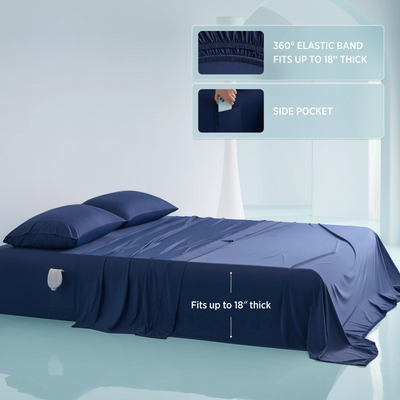 Breescape twilight blue cooling sheets with deep 360° elastic band (fits 18" mattress) and side pocket.