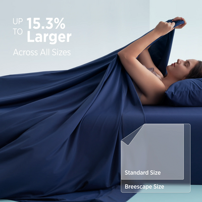Breescape Sheet Set in twilight blue: 15.3% larger for cooling sleep and full coverage.