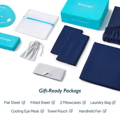 Breescape twilight blue cooling sheets, grey eye mask, mint green gift bundle.