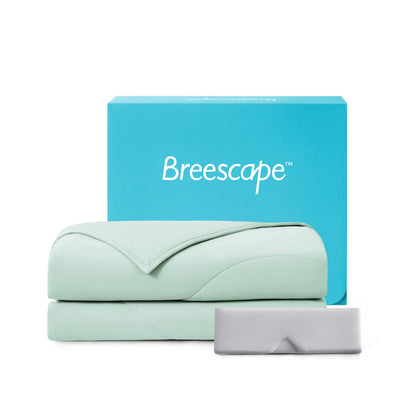 Breescape cooling comforter & eye mask bundle: mint green bedding, misty grey mask for hot sleepers.