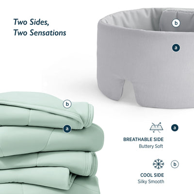 Breescape Comforter + Eye Mask Bundle: mint green cool side, misty grey breathable side.