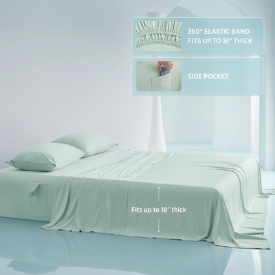 Mint green Breescape breathable cooling sheets with side pocket, 360° elastic fits 18" mattresses.