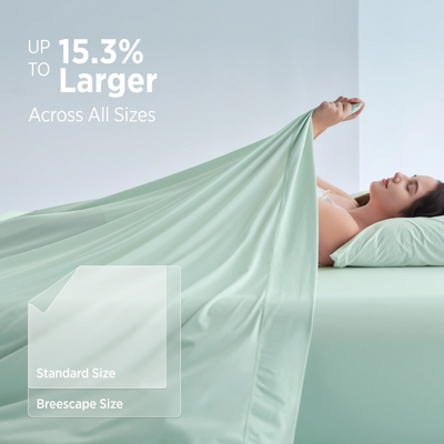 Mint green Breescape cooling sheets, 15.3% larger than standard, for hot sleepers & night sweats.