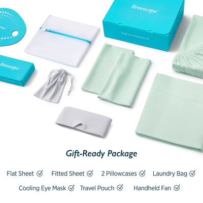 Breescape mint green cooling sheets & misty grey eye mask bundle for hot sleepers.
