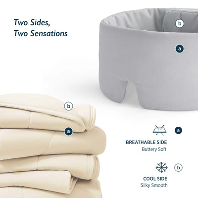 Breescape ivory cooling comforter and misty grey eye mask bundle. Dual sides: breathable & cool textures for hot sleepers.