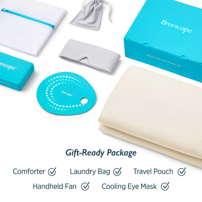 Breescape ivory cooling comforter, misty grey eye mask, breathable bedding gift.
